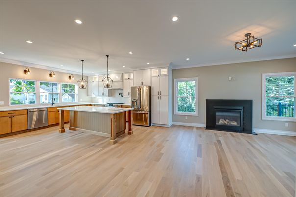 Fireplace, Interior, Kitchen, Pendant Lights, Recessed Lighting, Stainless Steel Appliances, Wood Texture Flooring