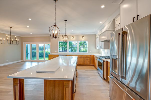Chandelier, Interior, Kitchen, Pendant Lights, Recessed Lighting, Stainless Steel Appliances, Wood Texture Flooring
