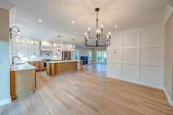 Chandelier, Interior, Kitchen, Pendant Lights, Recessed Lighting, Wood Texture Flooring