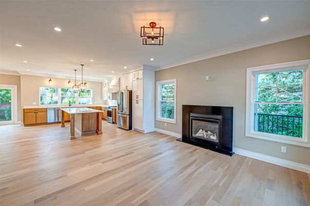 Fireplace, Interior, Kitchen, Pendant Lights, Recessed Lighting, Stainless Steel Appliances, Wood Texture Flooring