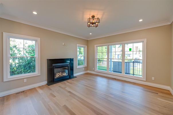 Empty room, Fireplace, Interior, Recessed Lighting, Wood Texture Flooring