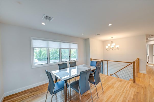 Chandelier, Dining room, Interior, Recessed Lighting, Wood Texture Flooring