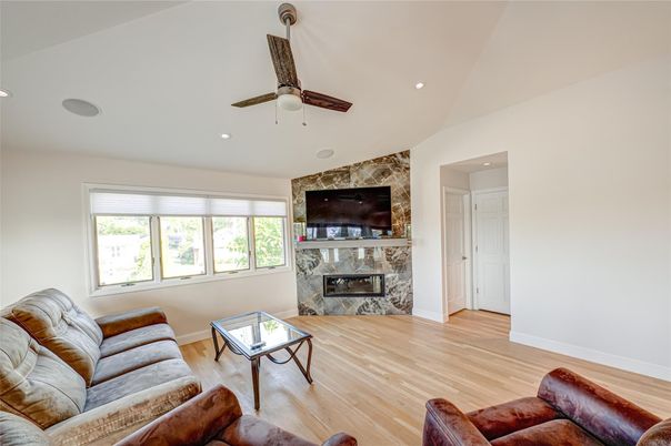 Fireplace, Interior, Living room, Recessed Lighting, Wood Texture Flooring