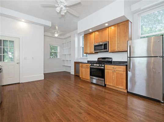 Interior, Kitchen, Recessed Lighting, Stainless Steel Appliances, Wood Texture Flooring