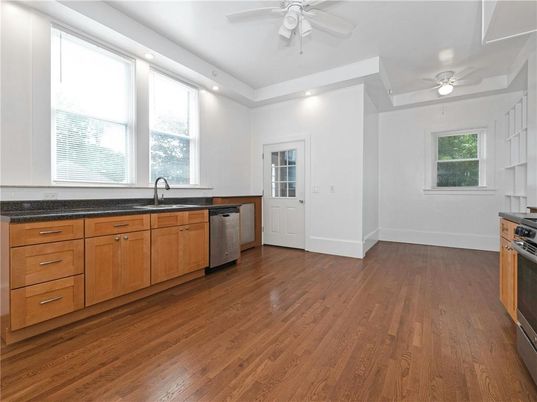Interior, Kitchen, Recessed Lighting, Stainless Steel Appliances, Wood Texture Flooring