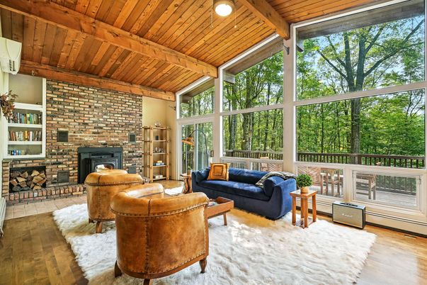 Fireplace, Interior, Living room, Recessed Lighting, Stone Walls, Wooden Beams, Wooden Ceilings, Wood Texture Flooring