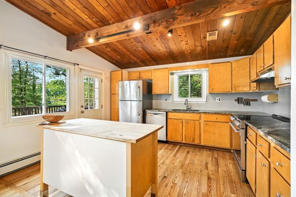 Interior, Kitchen, Recessed Lighting, Stainless Steel Appliances, Wooden Beams, Wooden Ceilings, Wood Texture Flooring