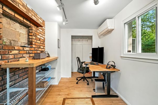 Home Office, Interior, Stone Walls, Wood Texture Flooring