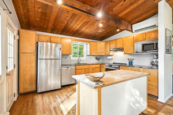 Interior, Kitchen, Recessed Lighting, Stainless Steel Appliances, Wooden Beams, Wooden Ceilings, Wood Texture Flooring