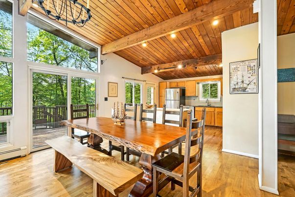 Dining room, Interior, Kitchen, Recessed Lighting, Stainless Steel Appliances, Wooden Beams, Wooden Ceilings, Wood Texture Flooring