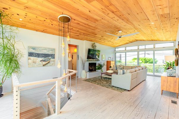 Fireplace, Interior, Living room, Pendant Lights, Recessed Lighting, Wooden Ceilings, Wood Texture Flooring