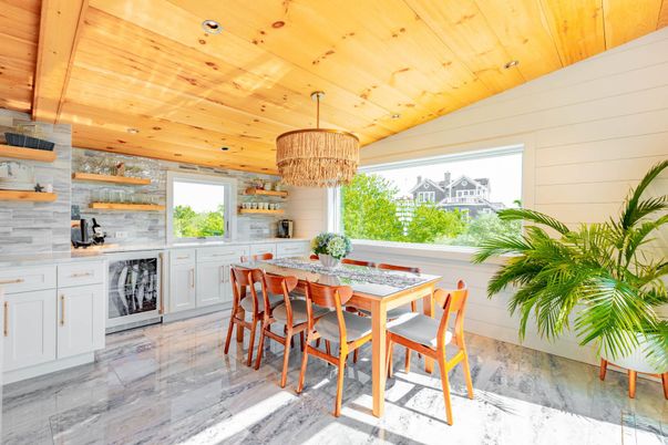 Chandelier, Dining room, Interior, Marble, Recessed Lighting, Wooden Ceilings, Wood Texture Flooring