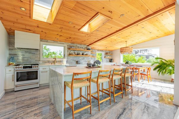 Interior, Kitchen, Marble, Recessed Lighting, Stainless Steel Appliances, Wooden Ceilings, Wood Texture Flooring