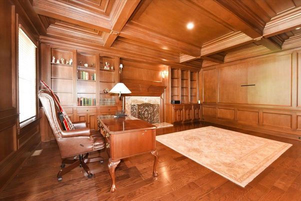 Fireplace, Home Office, Interior, Recessed Lighting, Wooden Beams, Wooden Ceilings, Wood Texture Flooring, Wooden Walls