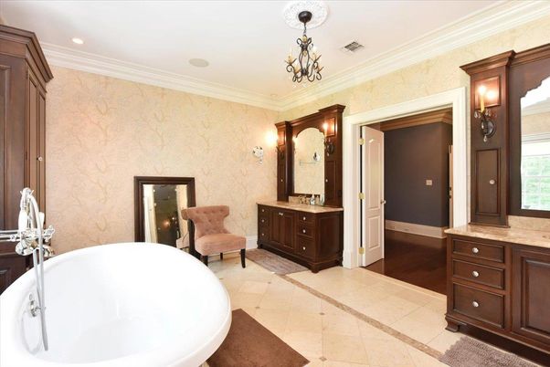 Bathroom, Chandelier, Dual Sink Vanities, Free Standing Baths, Interior, Recessed Lighting