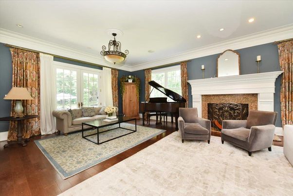 Fireplace, Interior, Living room, Piano, Recessed Lighting, Wood Texture Flooring