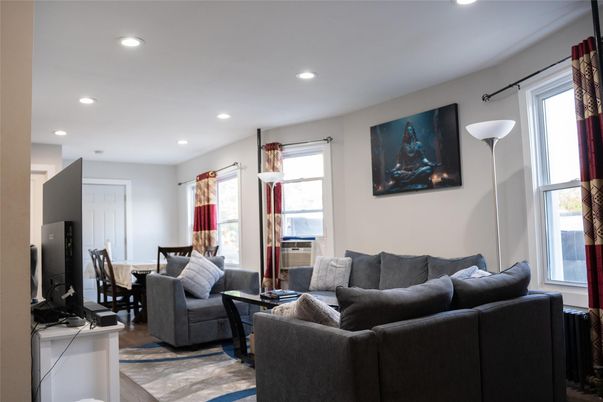 Dining room, Interior, Living room, Recessed Lighting, Wood Texture Flooring