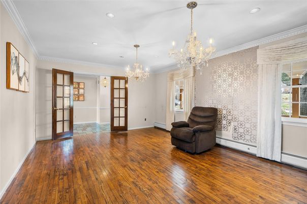 Chandelier, Empty room, Interior, Recessed Lighting, Wood Texture Flooring