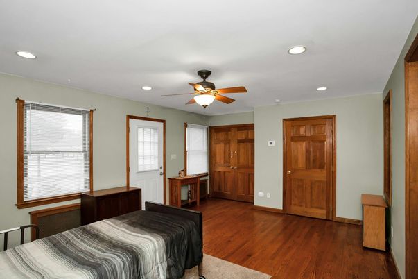 Bedroom, Interior, Recessed Lighting, Wood Texture Flooring