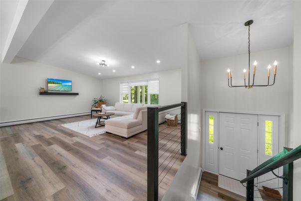 Interior, Living room, Pendant Lights, Recessed Lighting, Wood Texture Flooring