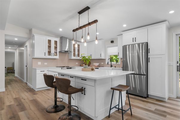 Interior, Kitchen, Pendant Lights, Recessed Lighting, Stainless Steel Appliances, Wood Texture Flooring