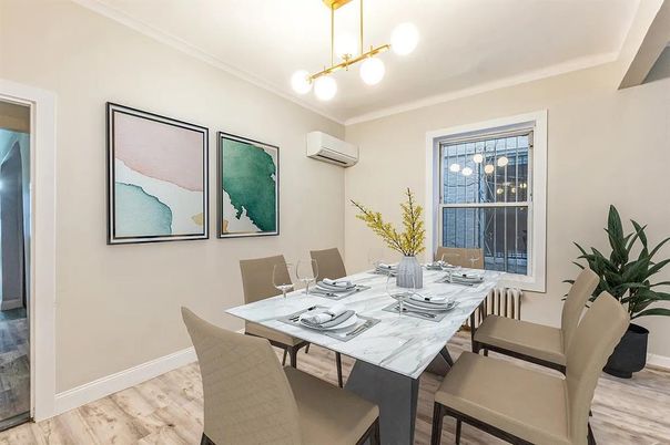 Dining room, Interior, Pendant Lights, Wood Texture Flooring