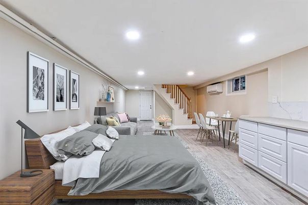 Bedroom, Dining room, Interior, Recessed Lighting, Wood Texture Flooring
