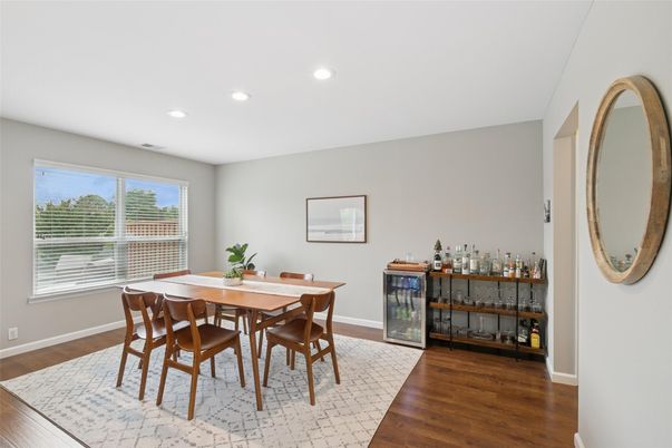 Dining room, Interior, Recessed Lighting, Wood Texture Flooring