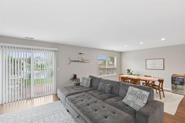 Dining room, Interior, Living room, Recessed Lighting, Wood Texture Flooring