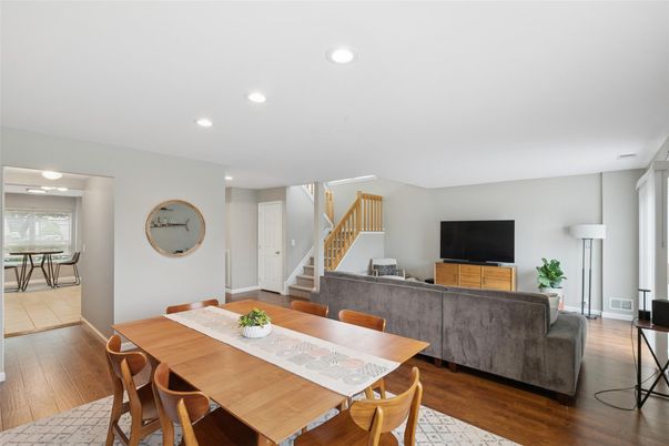 Dining room, Interior, Living room, Recessed Lighting, Wood Texture Flooring