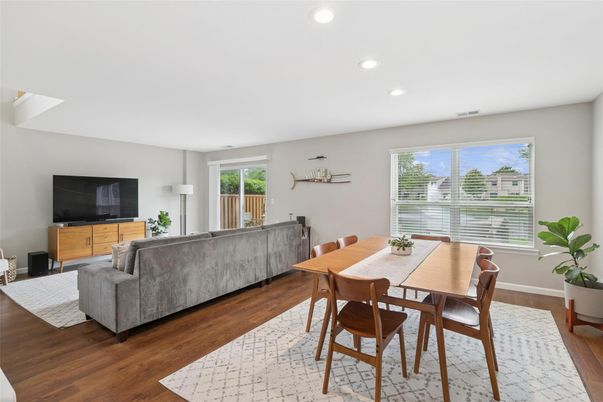 Dining room, Interior, Living room, Recessed Lighting, Wood Texture Flooring