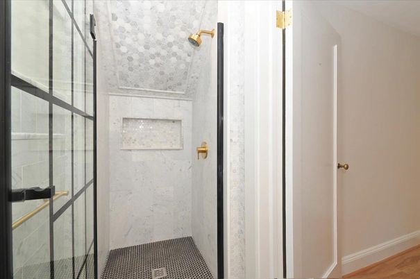 Bathroom, Glass Shower, Interior, Marble Walls, Wood Texture Flooring
