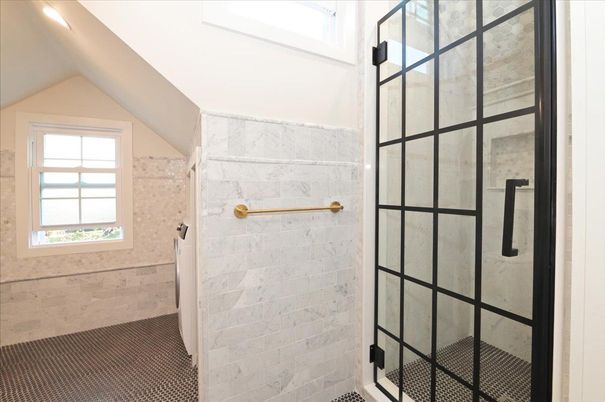 Bathroom, Glass Shower, Interior, Recessed Lighting, Stone Walls