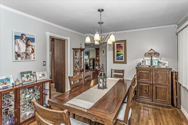 Dining room, Interior, Pendant Lights, Wood Texture Flooring
