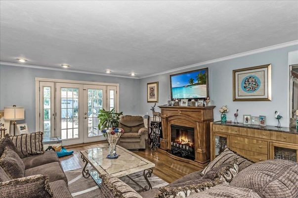 Fireplace, Interior, Living room, Recessed Lighting, Wood Texture Flooring