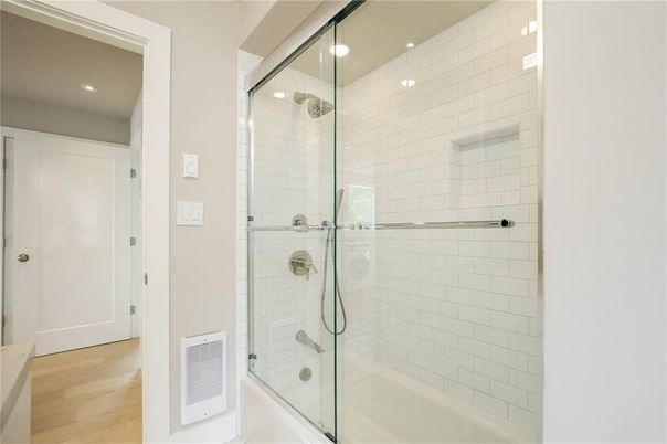 Bathroom, Glass Shower, Interior, Recessed Lighting, Wood Texture Flooring
