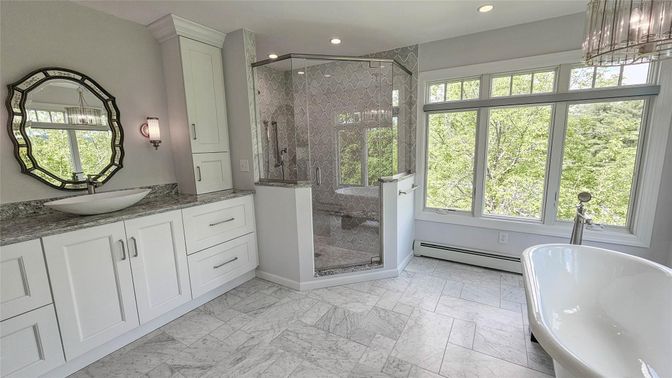 Bathroom, Dual Sink Vanities, Free Standing Baths, Glass Shower, Interior, Marble, Recessed Lighting
