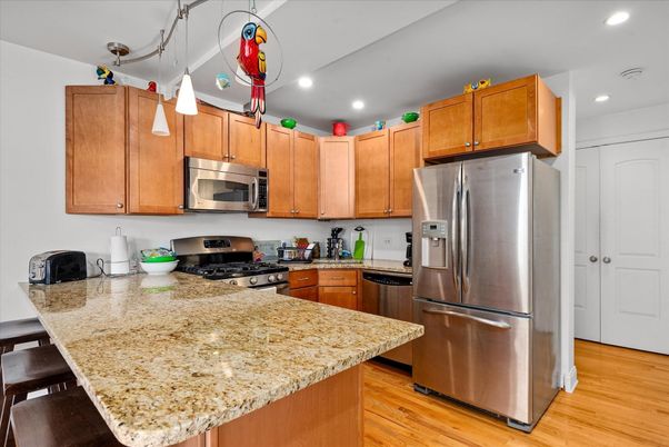 Interior, Kitchen, Pendant Lights, Recessed Lighting, Stainless Steel Appliances, Wood Texture Flooring