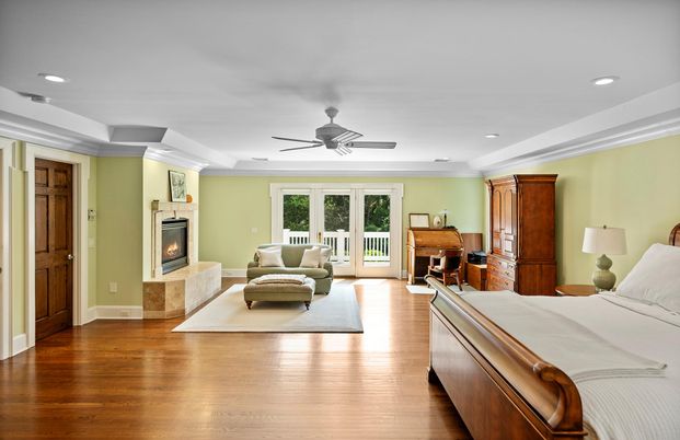 Bedroom, Fireplace, Interior, Living room, Piano, Recessed Lighting, Wood Texture Flooring