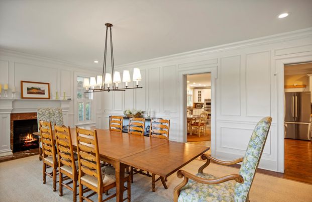 Chandelier, Dining room, Fireplace, Interior, Pendant Lights, Recessed Lighting, Wood Texture Flooring