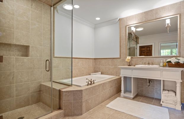 Bathroom, Glass Shower, Interior, Recessed Lighting