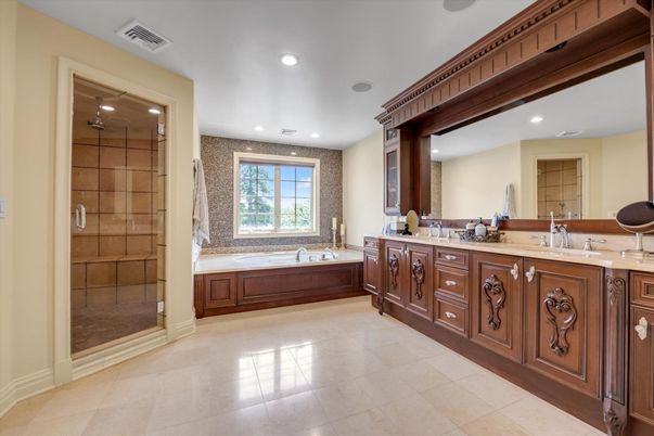 Bathroom, Dual Sink Vanities, Glass Shower, Interior, Recessed Lighting