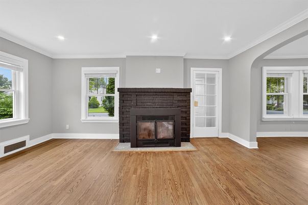 Empty room, Fireplace, Interior, Recessed Lighting, Wood Texture Flooring