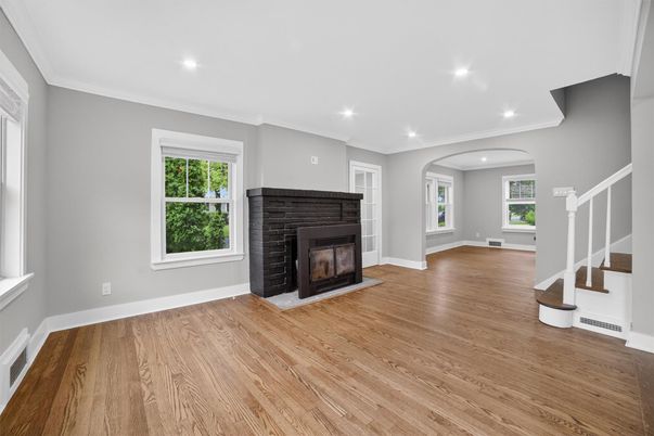 Empty room, Fireplace, Interior, Recessed Lighting, Wood Texture Flooring