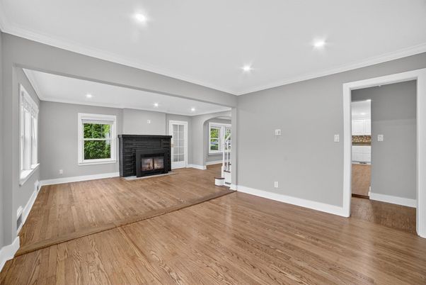Empty room, Fireplace, Interior, Recessed Lighting, Wood Texture Flooring