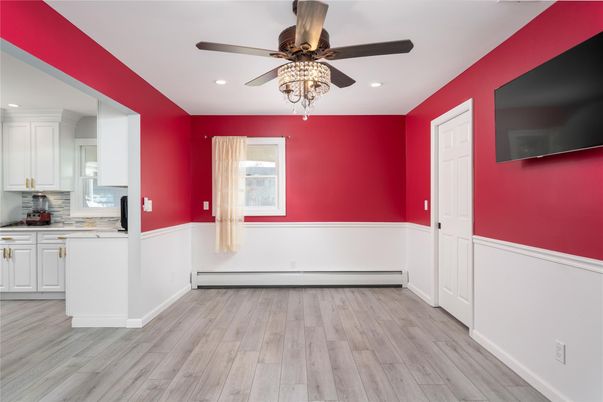 Empty room, Interior, Kitchen, Recessed Lighting, Wood Texture Flooring