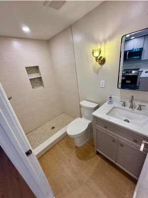 Bathroom, Interior, Recessed Lighting, Wood Texture Flooring