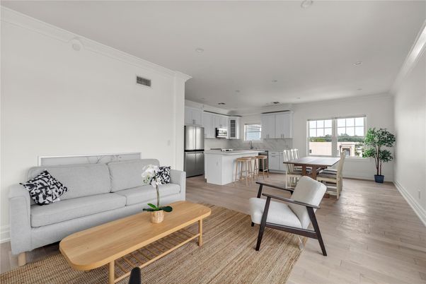 Dining room, Interior, Kitchen, Living room, Recessed Lighting, Stainless Steel Appliances, Wood Texture Flooring