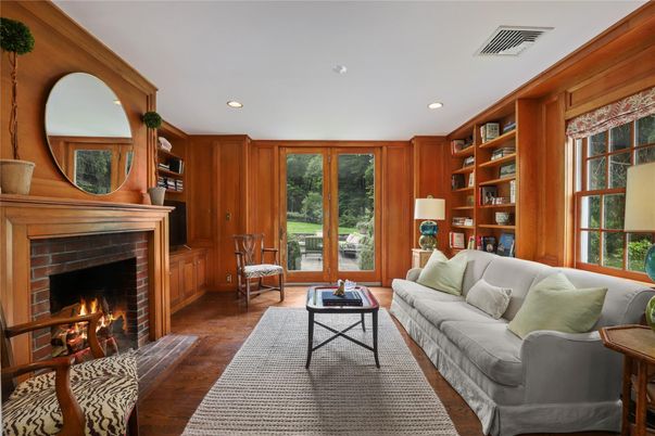Fireplace, Interior, Living room, Recessed Lighting, Wood Texture Flooring, Wooden Walls