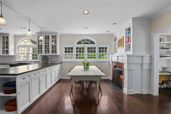 Dining room, Fireplace, Interior, Kitchen, Pendant Lights, Recessed Lighting, Wood Texture Flooring